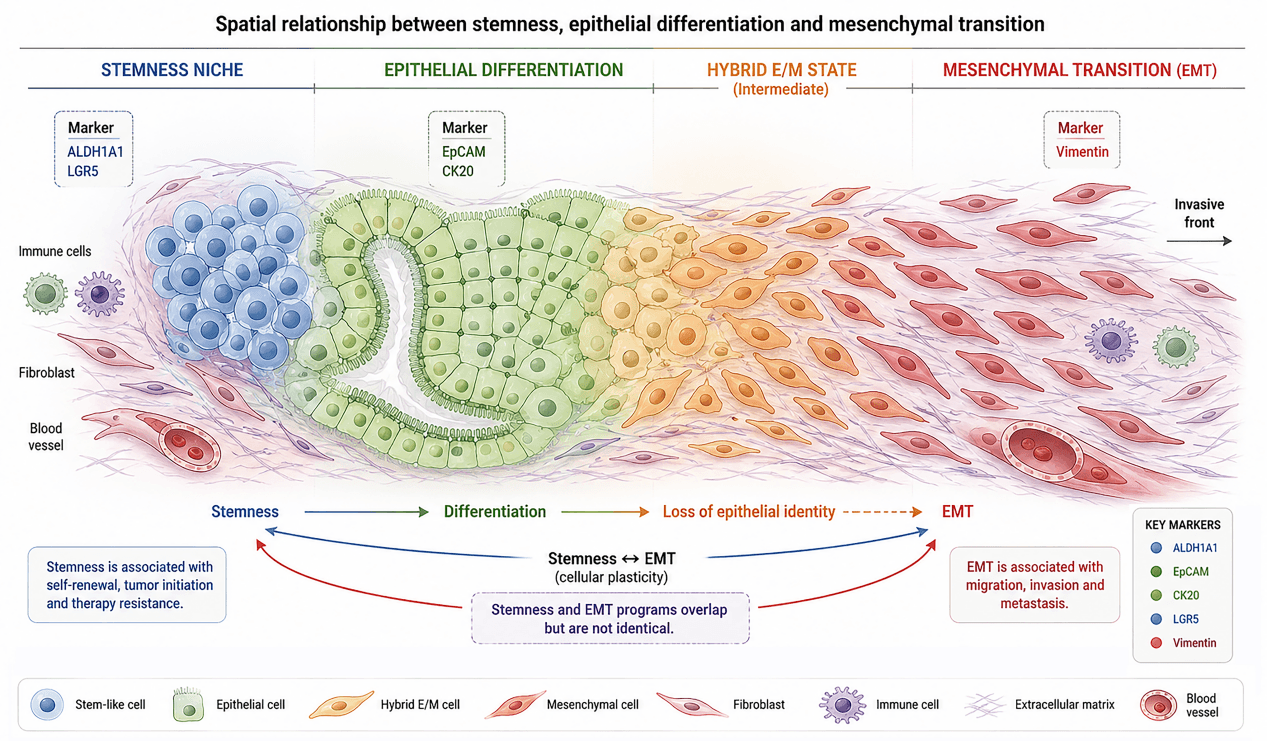 Spatial relationship between stemness, epithelial differentiation and mesenchymal transition